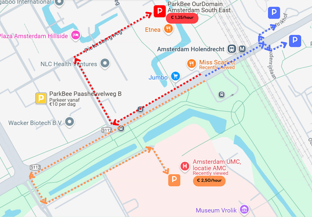 Wandelroute en parkeerplaatsen rondom miss Scarlett